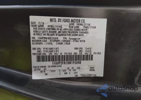 2011 Ford Focus Se z USA, uszkodzony, nr VIN 1FAHP3FN1BW195048